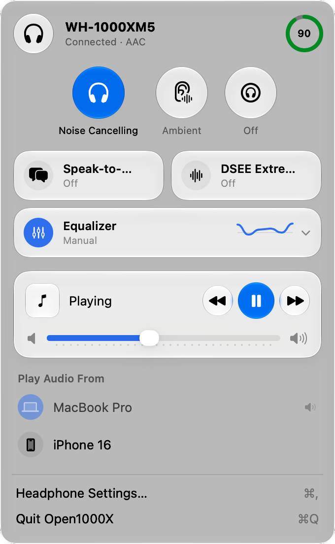 The open1000x menu bar popover, connected to a WH-1000XM5